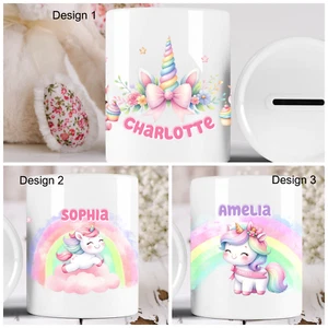 Personalised Cute Rainbow Unicorn Money Box Ceramic Savings Pot Gift Idea - Picture 1 of 14