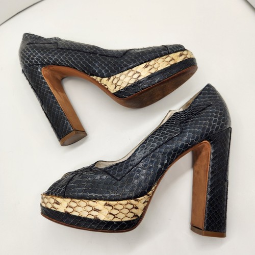 Vintage Y2K Miu Miu décolleté donna 7 fruste pelle pitone blu plateau passerella