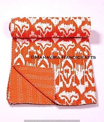 Ikat Estampado Algodón Puro Naranja Kantha Colcha Doble Bohemio Tamaño Colcha - Imagen 1 de 4