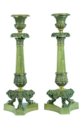 Ancienne paire de bougeoirs Empire Pied griffe bronze doré 1820 Candélabres 19e - Photo 1/4