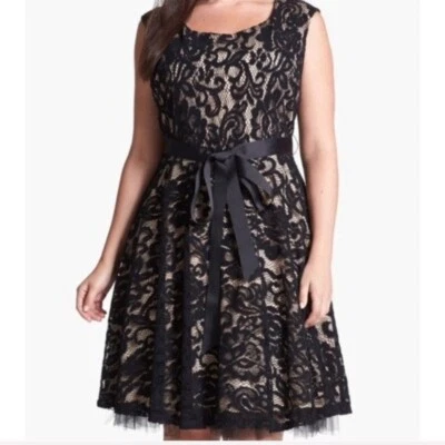 Betsy & Adam women Knee Length Cocktail Dress sz 16W Black Nude Lace Fit & Flare - Image 1 of 4