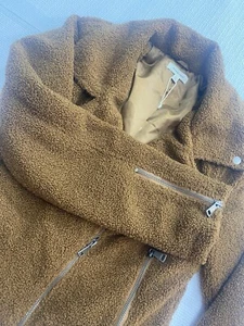 Max Studio Faux Sherpa Moto Zip Jacket Cognac Teddy Bear Size Large - Picture 1 of 12