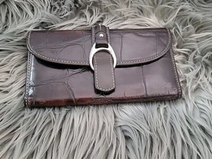 Vintage Dooney & Bourke Brown Croc Embosssed Checkbook Envelope Clutch Wallet - Picture 1 of 23