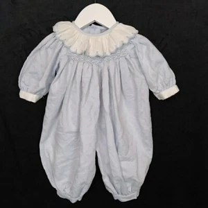 Vintage Baby Romper Blue Smocked Target Size 00 Ruffle Collar Smocking Girls - Picture 1 of 6