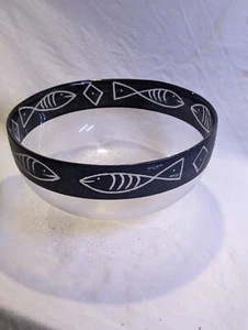 Kosta Boda Ulrica Hydman Signed Hand Painted Black Clear Fish Glass Bowl 11" Dia - Picture 1 of 8