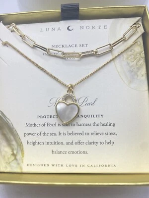 LUNA NORTE Madreperla 14KT LATÓN CHAPADO Doble Capa Corazón Collar Conjunto Foto 1 de 4