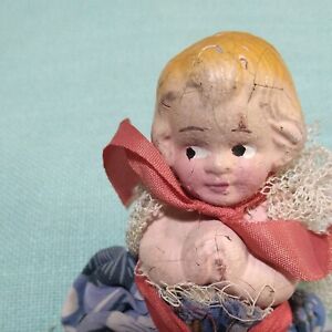 Antique Sweet PRIMITIVE Small GERMAN Clay PRAYING Girl Doll Old Blue Rag Dress