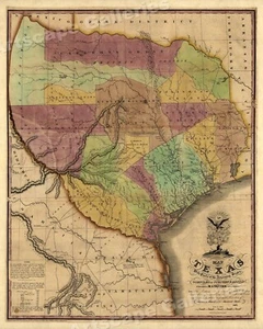 1830s Historic Map of The Republic of Texas by Stephen F Austin - 24x30 - Picture 1 of 3