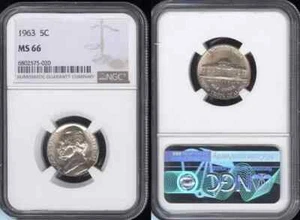 1963 JEFFERSON NICKEL 5 CENTS NGC MS66 UNC BU DETAILED COIN #F - Picture 1 of 3