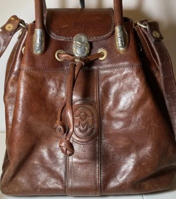 Bolso Grande Vintage Marino Orlandi Cuero Marrón Estilo Cubo Cinch Cordón Foto 1 de 4