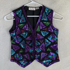Vintage Laurence Kazar Womens Large Purple Sequin Vest Silk Band Jazz Waistcoat - Picture 1 of 12