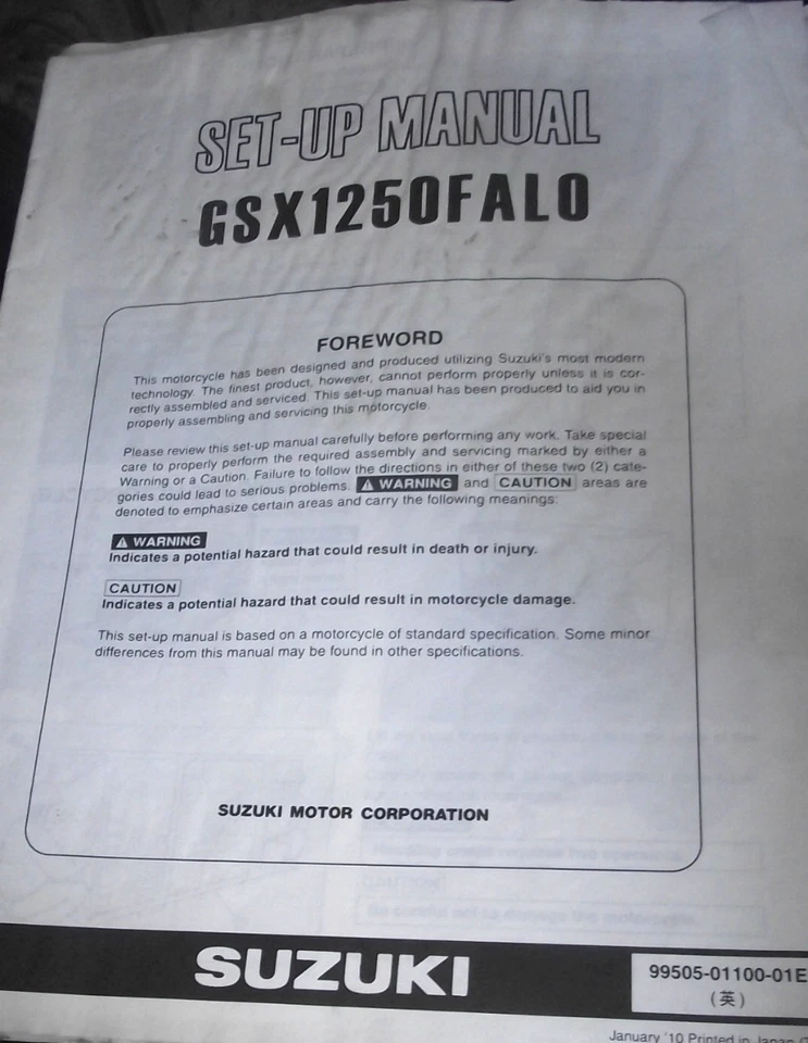 SUZUKI  GSX1250FAL0 SET UP MANUAL - Image 1 of 1
