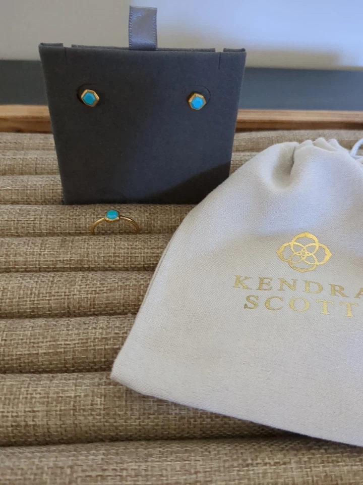 Juego de Pendientes y Anillos Kendra Scott Davies Oro Turquesa Vermeil Como Nuevo  Foto 1 de 4