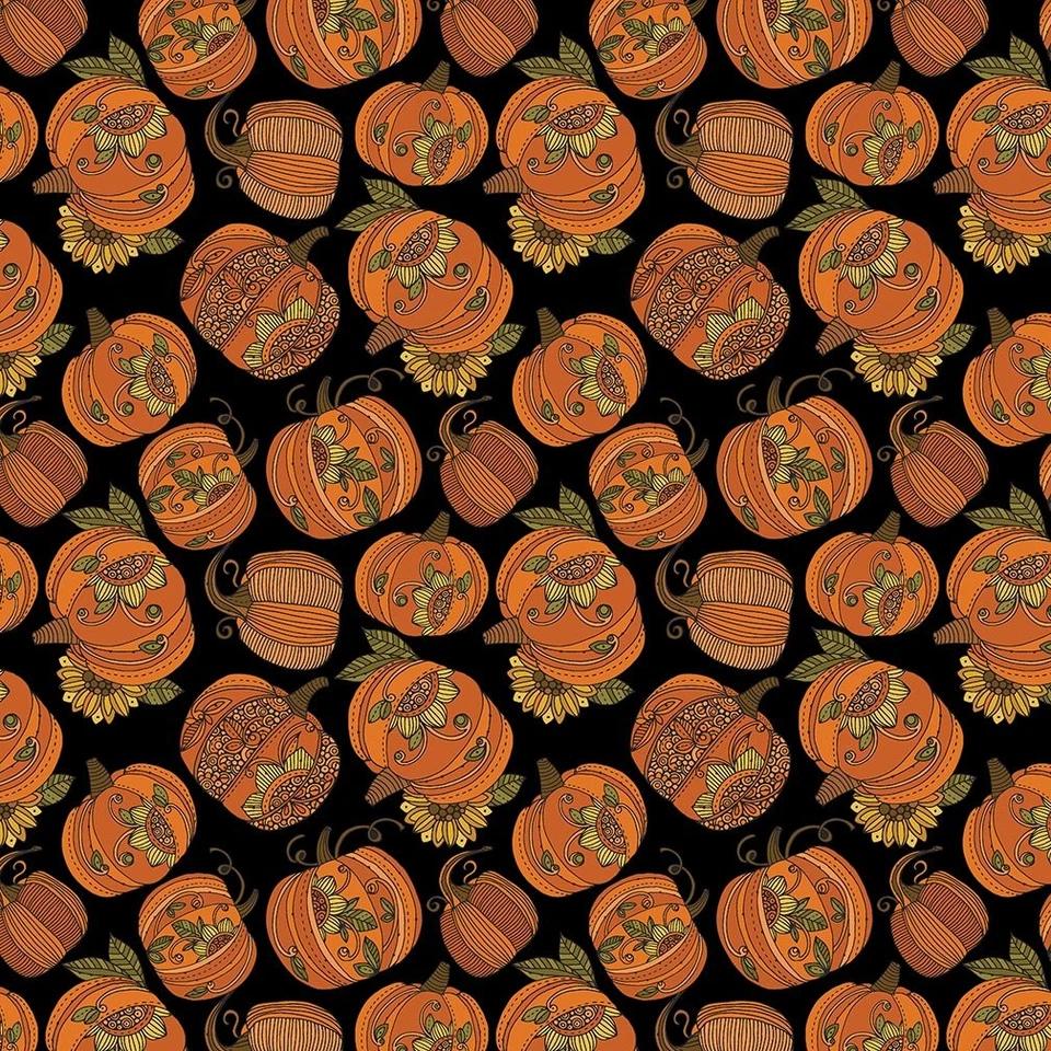 Halloween Fabric | Pumpkin & Spice Folk Pumpkin Orange Black | Benartex YARD - Image 1 of 1