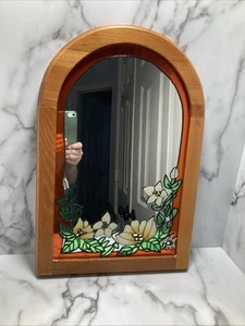 Vtg Wooden Frammed Mirror With Faux Stained Glass Flowers & Orange Outlined - Picture 1 of 12