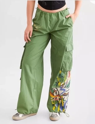 Ed Hardy Army Green Poplin Cargo Peacock Tattoo Logo Pants Size L - Image 1 of 4