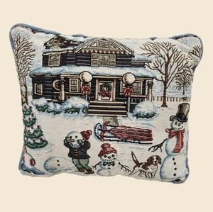 Winter Tapestry Throw Pillow Snowman Scene Rustic Lodge Holiday Cabin Décor - Picture 1 of 5