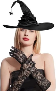 Halloween Witch Hat for Women Black Witch Hat with Spider Bat Wide Brim Point... - Picture 1 of 7