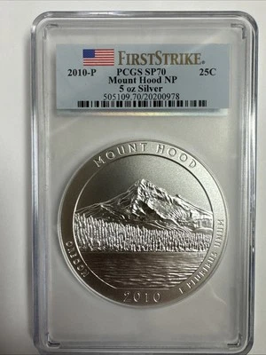2010-P Mount Hood ATB  5 oz Silver Coin PCGS SP70 First Strike Flag Label - Image 1 of 2