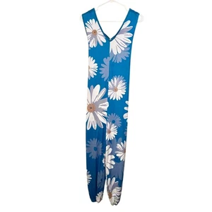 Women's Jumpsuit Size M Teal Blue White Daisy Print Loose Bib Overalls  - Picture 1 of 9