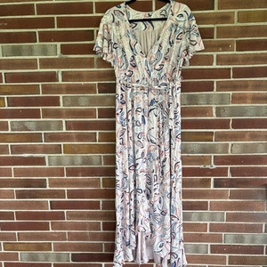 Isabel Maternity Pink Blue Floral Maxi Faux wrap Dress Sz L A2143 - Picture 1 of 6
