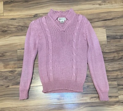 Винтажный 80-х 90-х открытый кабель трикотажа розовый свитер с воротником S/M - Изображение 1 из 4