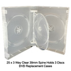 25 x 3 Way Clear DVD 39mm Spine Holds 3 Discs Empty Brand New Replacement Cases