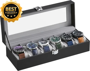 6 Slot Glass Top Watch Display Box Velvet Lining Cushions Lock Black Gift - Picture 1 of 12