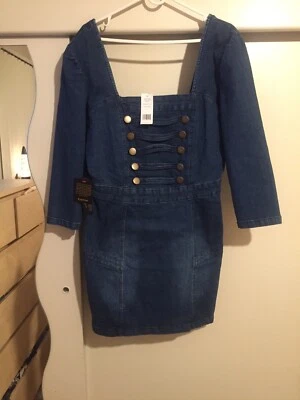 全新带标签女式修身 BeBe 牛仔连衣裙 10 码弹力 $149 Laena 洗 — 第 1/4 张图片