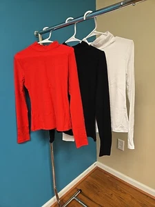 Set Of 3 Size Large Women's Turtleneck Ribbed Slim Fit Shirts Red White & Black - Picture 1 of 14