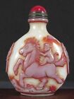 Chinese Monkey Horse Carved Peking Overlay Glass Snuff Bottle