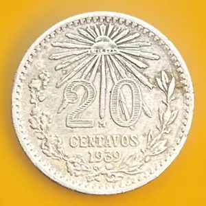 1939M Mexico 20 Twenty Centavos Mexican Money .720 Silver Excellent Shape - Picture 1 of 3