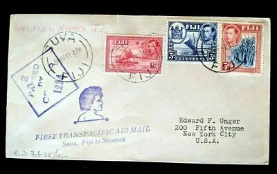 1941 Suva Fiji to Noumea to New York First Transpacific Censored Air Mail Cover  - Image 1 of 2