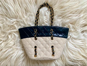 Chanel Vintage Canvas Leather Quilted Chain Mini Small Classic Tote Summer Bag - Picture 1 of 17