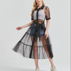 Lady Ruffle Sheer Dress Midi Mesh See Through Button Short Sleeve Swing Skirt - Picture 1 of 23