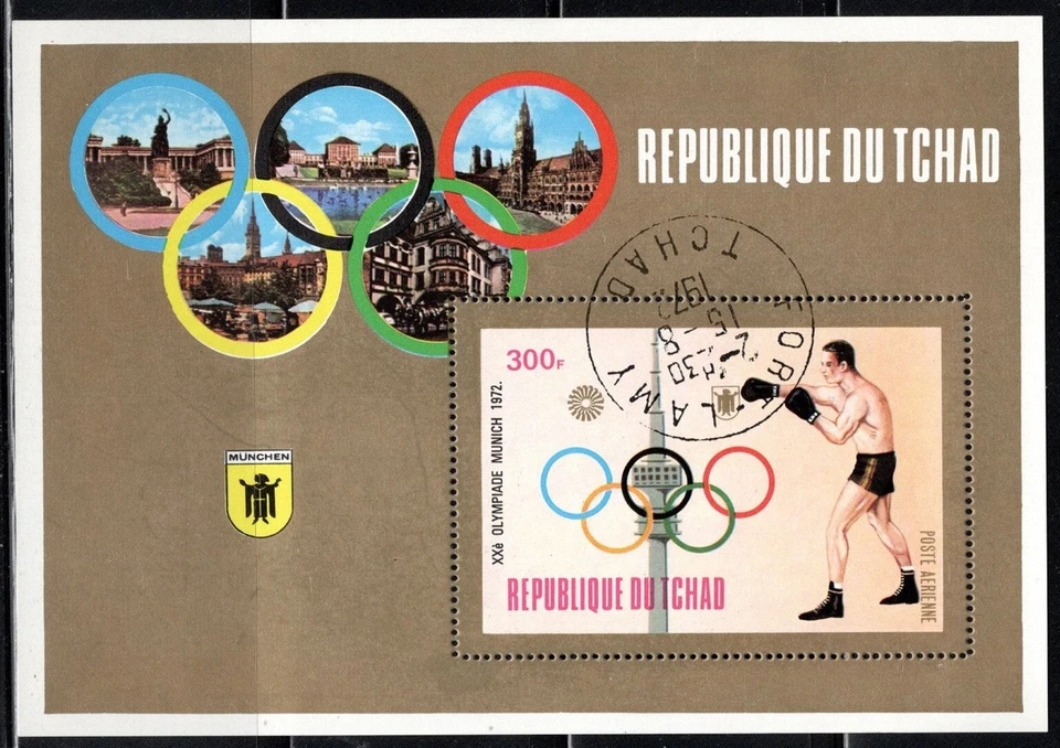 Sello de Chad Scott #C139, hoja de recuerdo de los Juegos Olímpicos de Munich, CTO, SCV $3,00 Foto 1 de 1