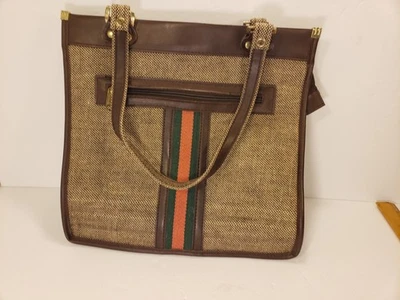 Bolso Cartera Bolso Vintage Años 70 Marrón Rojo Verde Carreras Rayas Mediano Foto 1 de 4