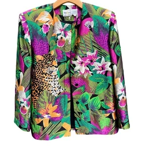 Vintage Oleg Cassini colorful silk sequin leopard jungle jacket Size 8 Medium - Picture 1 of 7