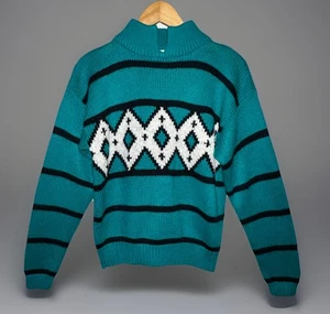 Suéter Pretenso De Colección Años 80 90 Pullover Tejido Verde Rayas Geométricas Diamantes Talla M - Imagen 1 de 9