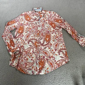 Foxcroft NYC Shirt Size 8 Relaxed Orange Pink Aqua Paisley Long Roll Tab Sleeve - Picture 1 of 9