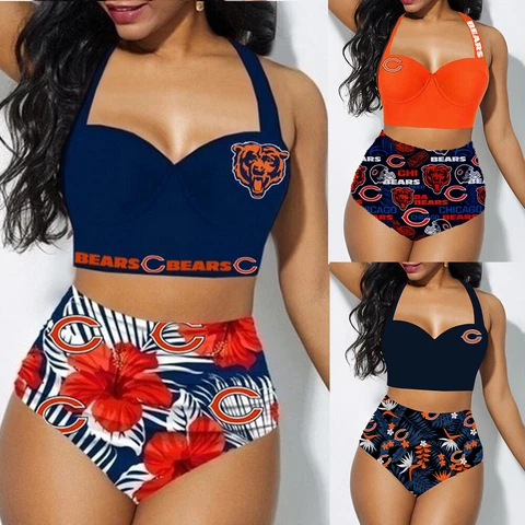 Chicago Bears 2PCS Women's Floral Bikini Butt Lift Swimsuit Bathing Suit Cover
