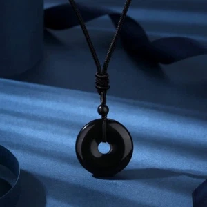 Natural Black Obsidian Circle Pendant Black Gemstone Necklace Amulet Handmade - Picture 1 of 2