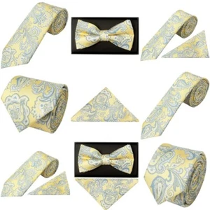 Yellow Blue Paisley Men's Classic Skinny Bow Tie Set Groom's Formal Wedding - Picture 1 of 22