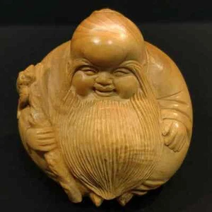 2" Hand Carved Japanese Boxwood Netsuke Figurine Carving : God of Longevity - Picture 1 of 7
