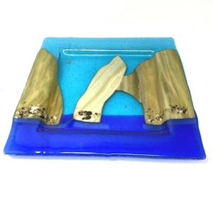 Plato decorativo de vidrio artístico de estudio cuadrado vidrio fundido azul beige playa costera - Imagen 1 de 7