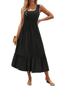 Women's Square Neck Sleeveless Pleated Dress Maxi Dresses with Pockets - Picture 1 of 14
