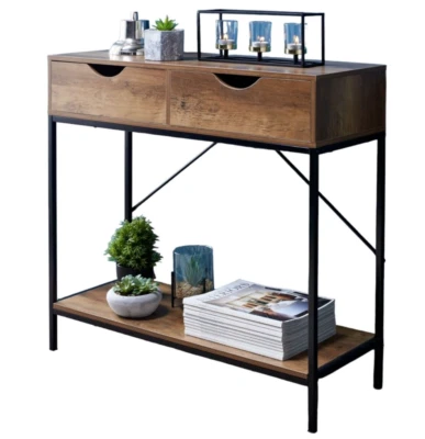 2 Tier Console Table Black Metal Frame Wooden Drawer Entryway Hallway Furniture
