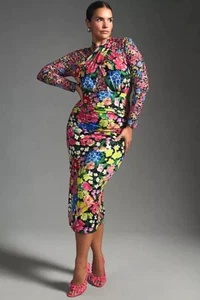 Anthropologie Mesh Halter Mock-Neck Dress Floral Bodycon Midi Size Small S NWT - Picture 1 of 10