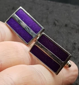 Pair of Silver Plated Enamel Cufflinks - Purple Enamelled Stripes - Picture 1 of 4