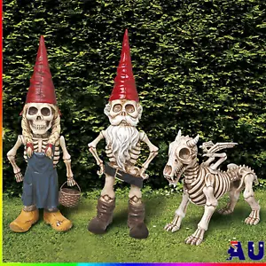 Skeleton Garden Gnomes Couple Statues Funny Garden Gnomes Figurines Resin Decor - Picture 1 of 17